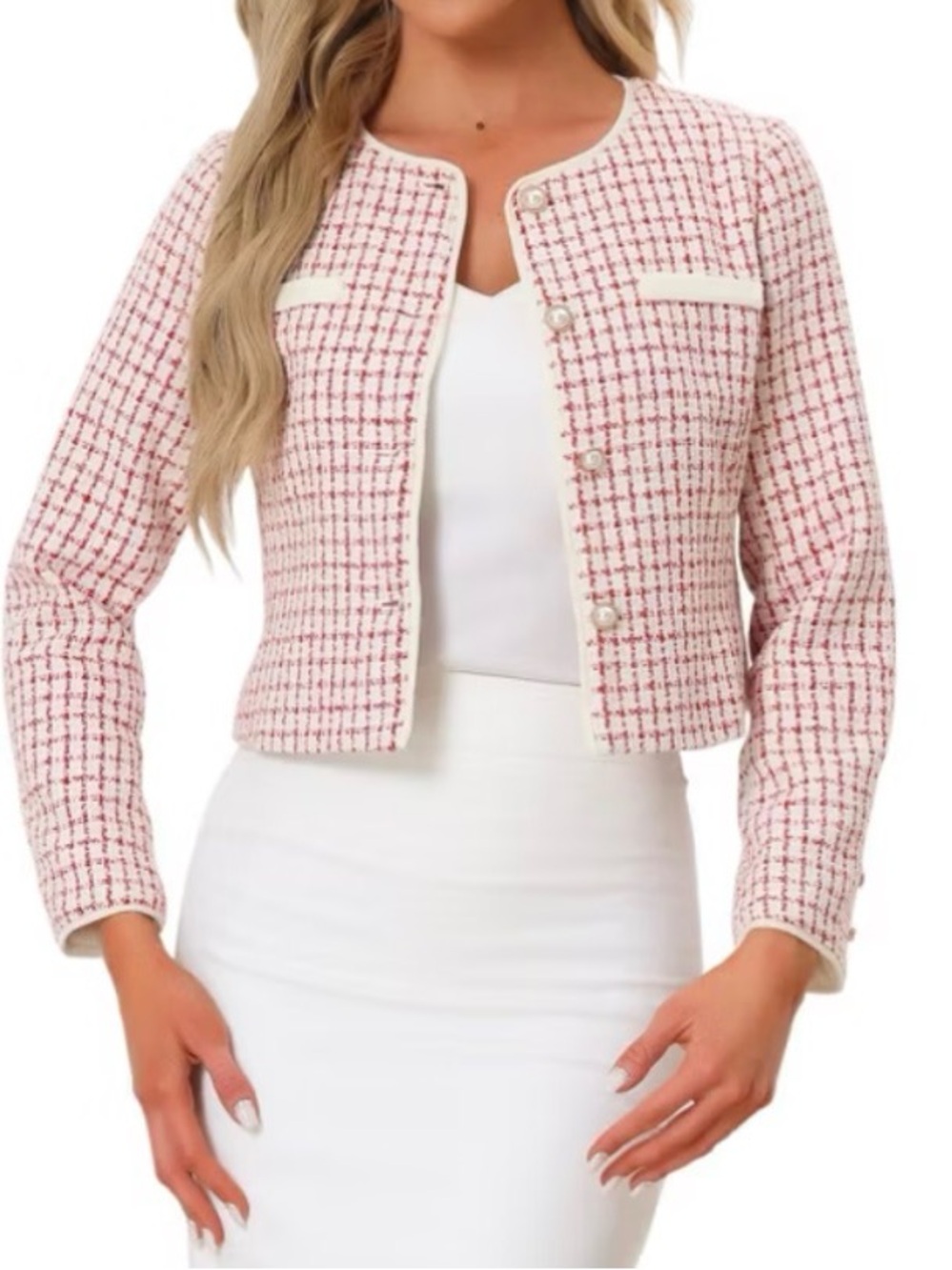 Allegra K Contrast Piping Round Neck Pearl Button Front Tweed Blazer, Size L